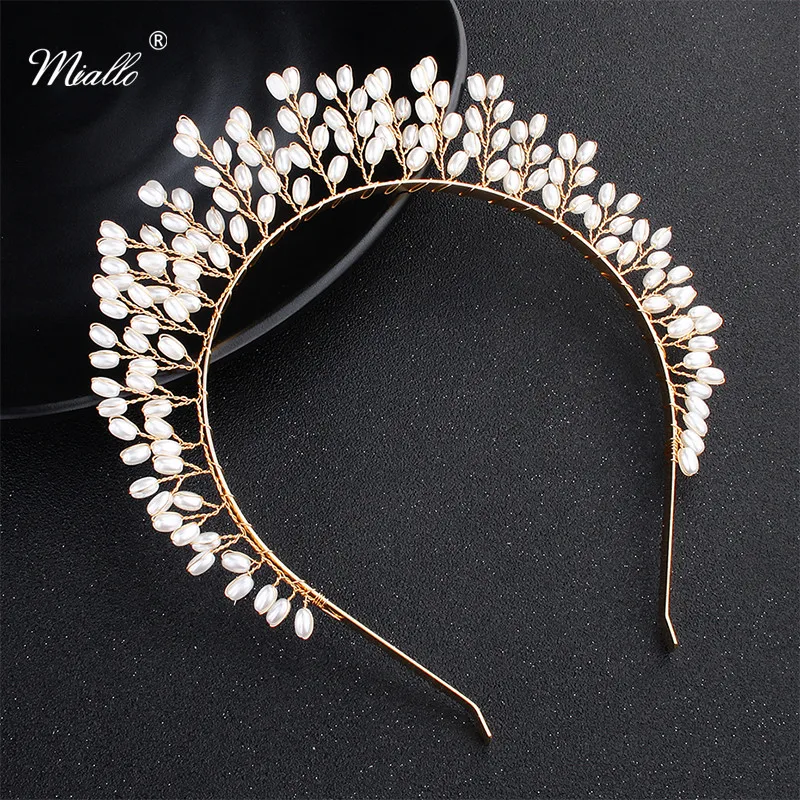 

Miallo Newest White Pearls Wedding Handmade Princess Tiaras and Crowns Bridal Hair Jewelry Bride Bridesmaids Headpieces