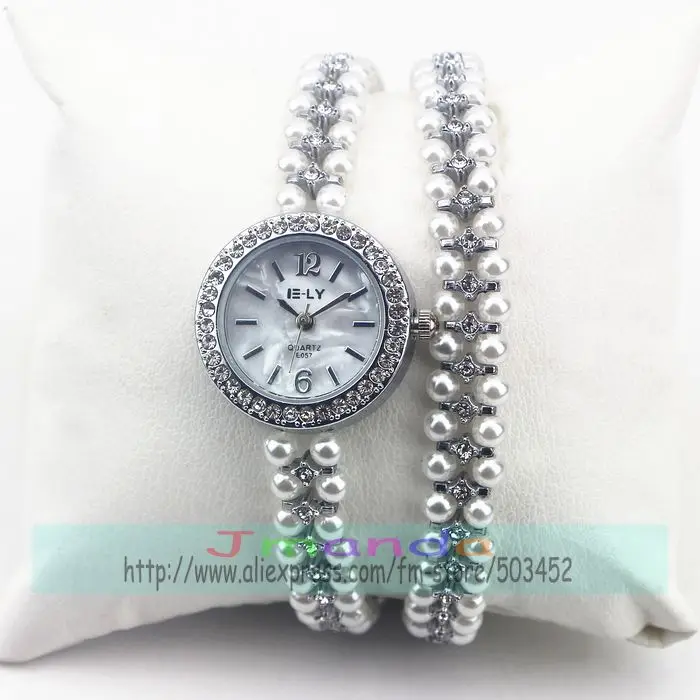 50 шт./лот E-LY-008 имитация жемчуга обернуть вокруг кварцевые часы платье элегантный браслет часы для женщин девушка Кристалл часы