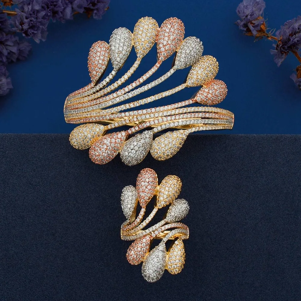 Modemangel Luxury Peacock Tail Cubic Zirconia Bracelet Bangle And
