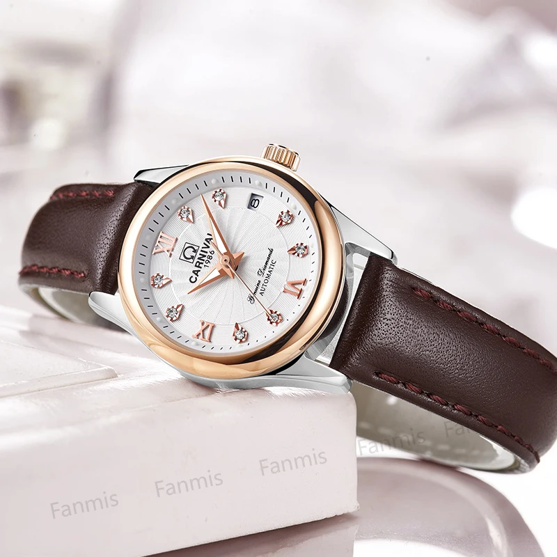 

Carnival Women Watch Mechanical Sapphire Leather Strap Waterproof Ladies Full Rose Gold Wristwatch Windmill Relogio Feminino