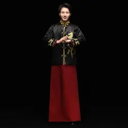 Черный Винтаж китайский для мужчин Тан костюм воротник стойка жених свадебная одежда вышивка дракон мужской пальто + халат свадебный набор