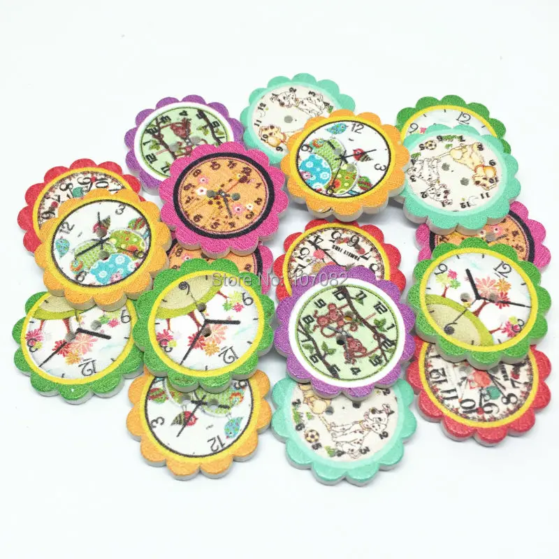 

50Pcs 25mm Mixed 2 Holes Flower Digital Clock Sewing Wood Buttons Scrapbooking Embellishments DIY Crafts