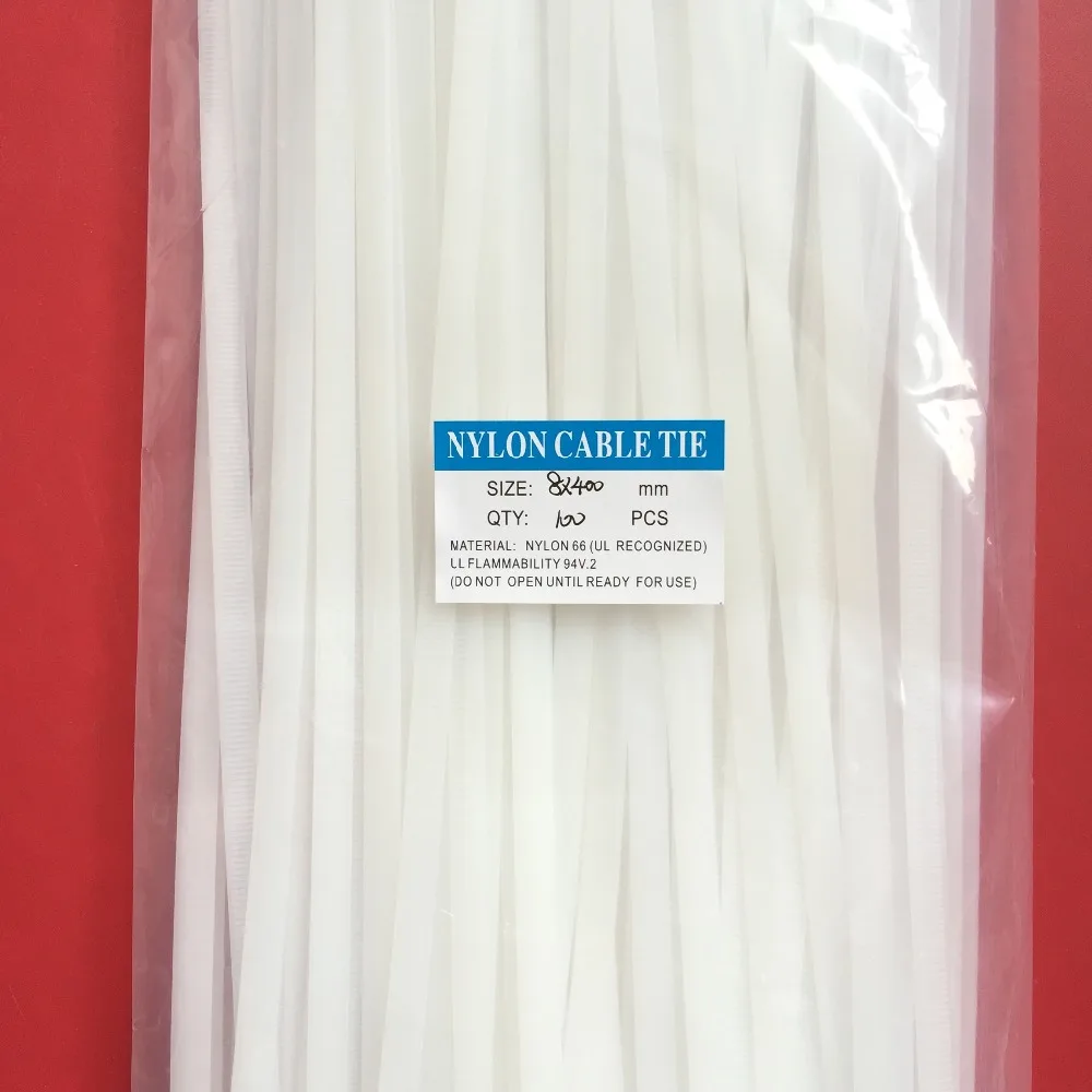 

100Pcs/pack 8*400mm High Quality width 7.6mm White Color (National Standard) Self-locking Plastic Nylon Cable Ties,Wire Zip Tie