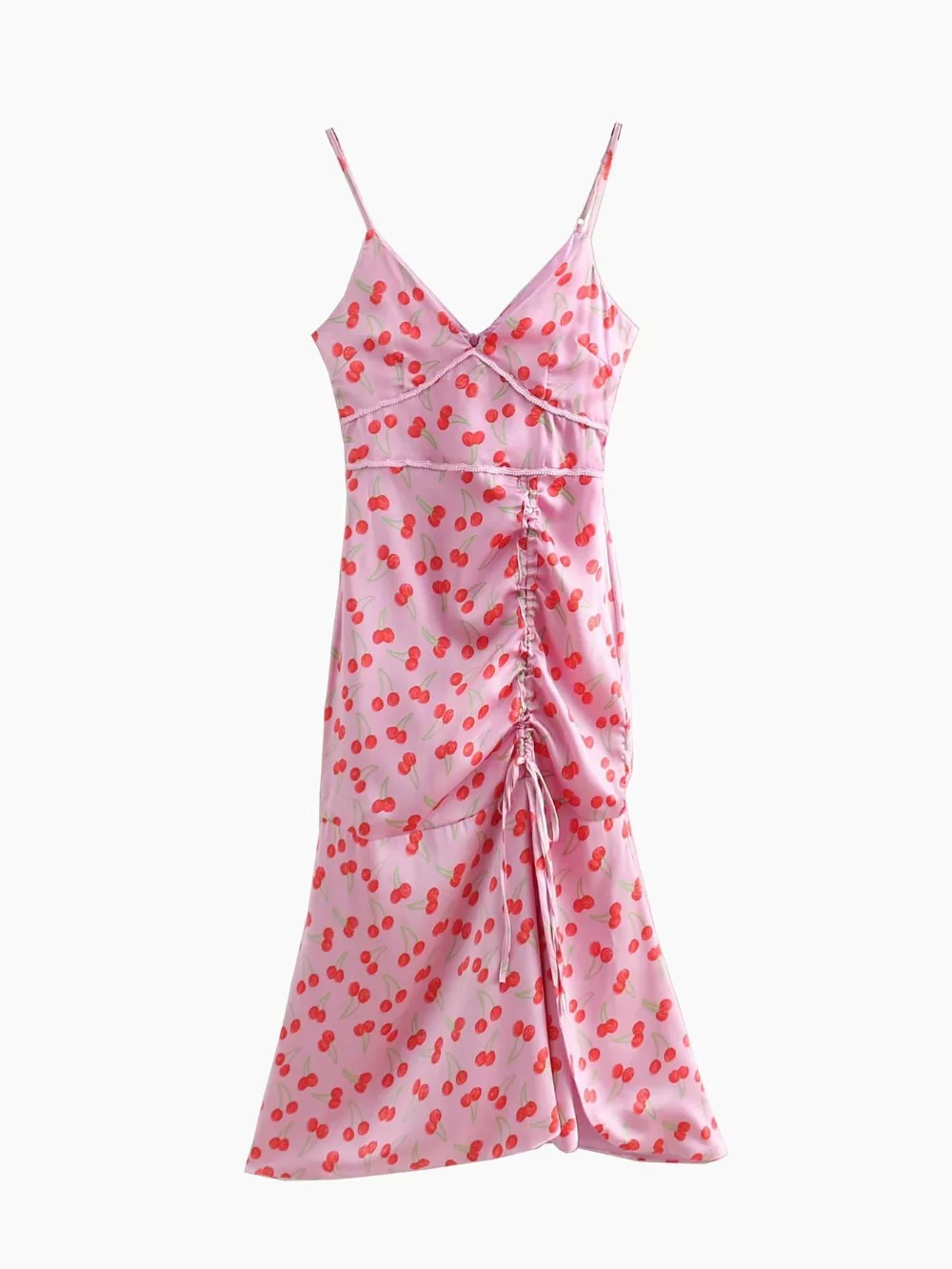 

2019 Summer Sexy Sling Dress Women V Neck Sleeveless Drawstring Draped Cherry Print Dress Long Cherry Printed Beach
