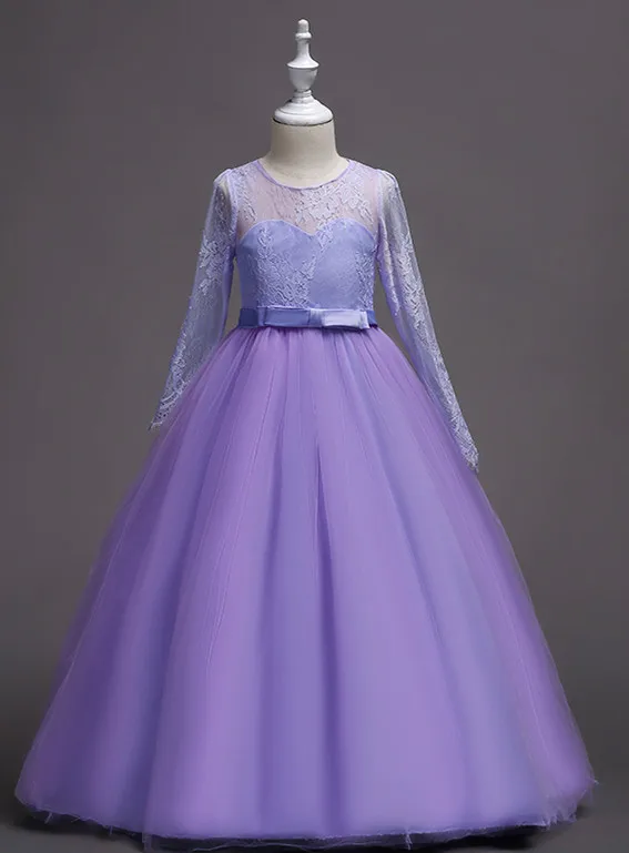Платье с блестками и кружевным плетением для девочек в цветочек платье принцессы для конкурса красоты бальное платье Свадебная вечеринка платье со съемным поясом - Цвет: Lavender