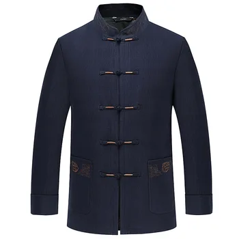 

Classic Blue Mandarin Collar Jacket Winter New Men Casual Long Sleeve Coat Chinese Vintage Male Tang Top Outwear Father Gift