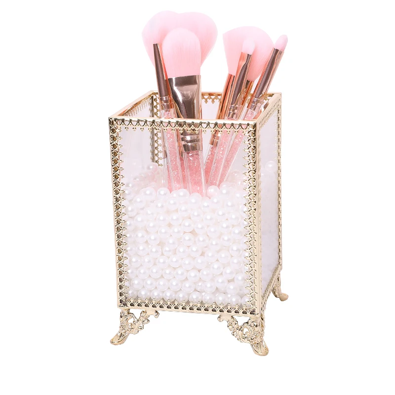 

Geometry Glass Box Makeup Brushes Holder Pencil Bucket Makeup Organizer Desktop Cosmetic Storage Box Pen Pearls Barrel
