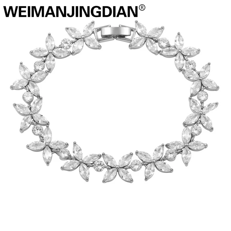 WEIMANJINGDIAN زهرة زركون كريستال تنس الزفاف أساور للنساء في الذهب الأبيض/ارتفع الذهب الألوان مطلي