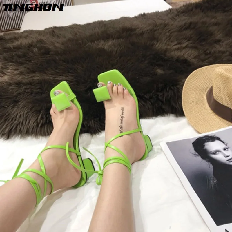 

TINGHON Lace up Cross-tie Gladiator Sandals Women Thick Heel Summer Women Sandals Electric Green Flip Flops Shoes Women