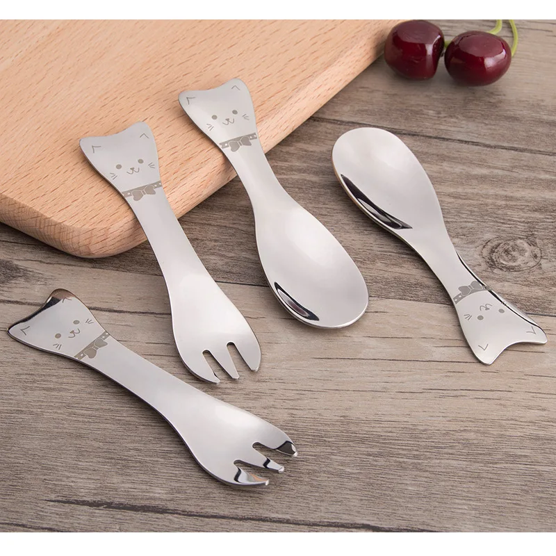 Stainless Steel Cartoon Cat Kids Children Cutlery Fork Spoon Tableware JJ 