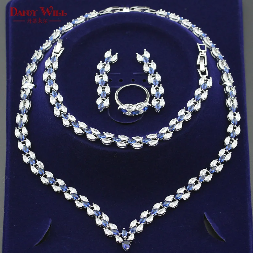

Fashion Wedding Party Jewelry Dark Blue Silver Color Bridal Crystal Necklace Earring Jewelry Sets For Women