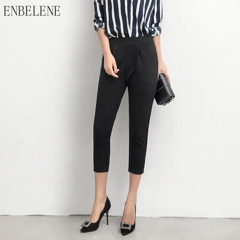 2018 Summer Cropped Trousers Women Black Cotton Casual Pencil Pants Female Fashion Calf Length
