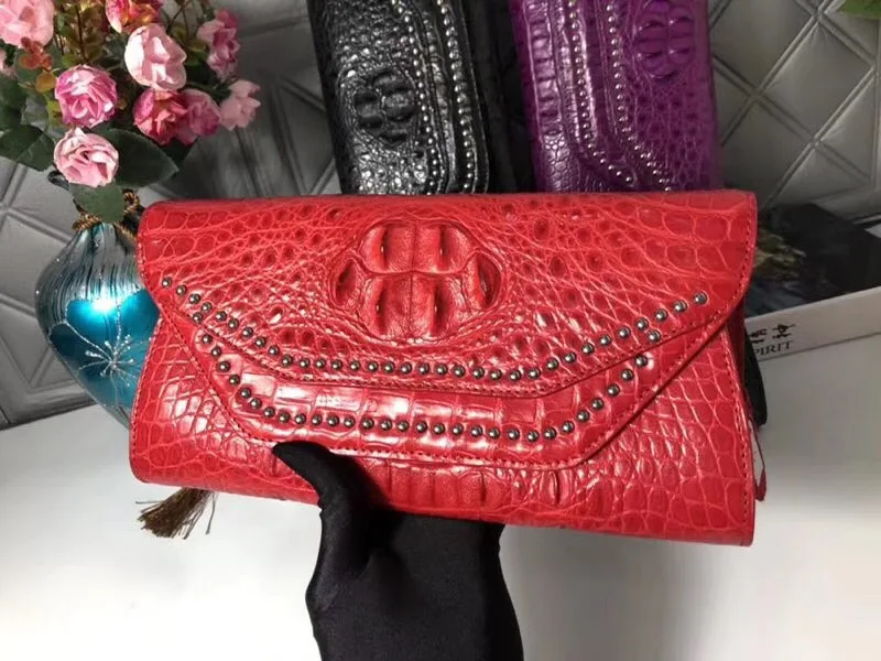 

Exotic Alligator Leather Women Thin Clutch Purse Genuine Crocodile Skin Female Studs Shoulder Bag Chain Belt Lady Messenger Bag