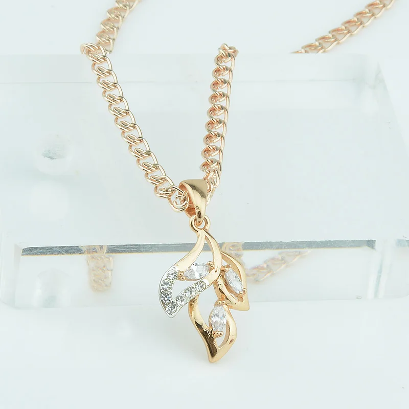 

FJ Womens Girls Slide Leaf Pendants 585 Gold Color White Stone Zircon Pendants+Optional Necklace Chains