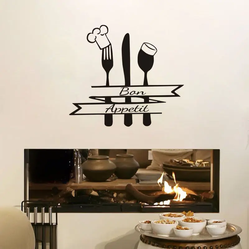 Французская Цитата Наклейка для кухонной стены Bon Appetit знак вилка ложка с головой шеф-повара виниловая наклейка домашний декор столовая Водонепроницаемая Z873
