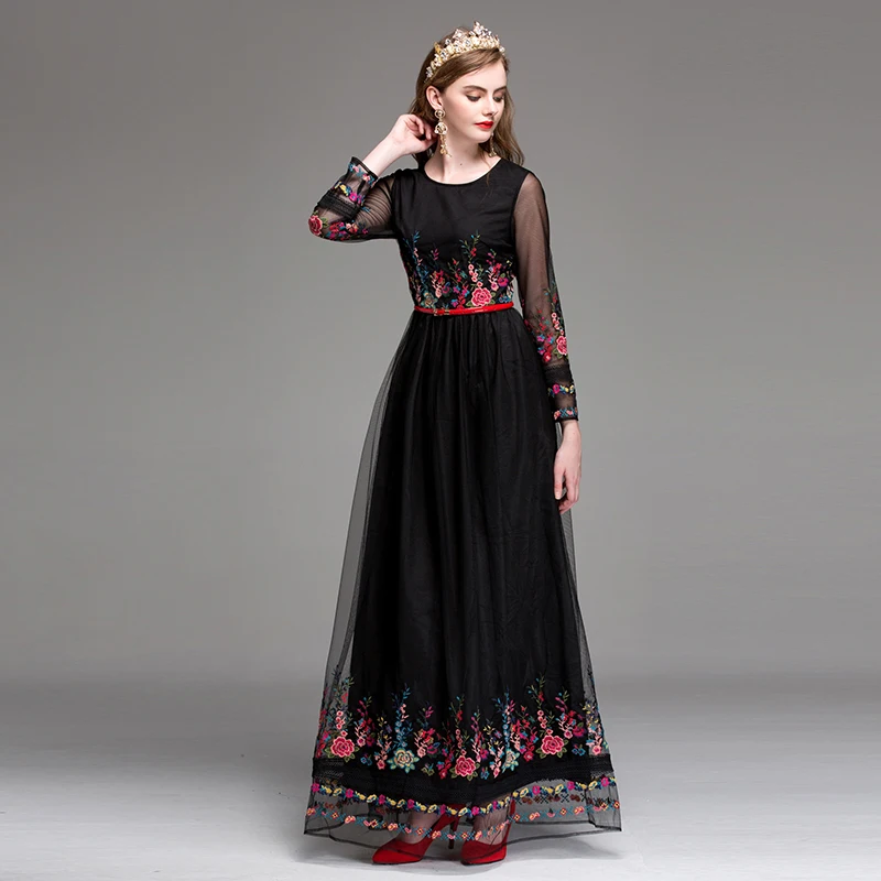 Осень, женское длинное черное модное платье с длинным рукавом и поясом, Женское Платье макси с цветочной вышивкой, рождественские платья