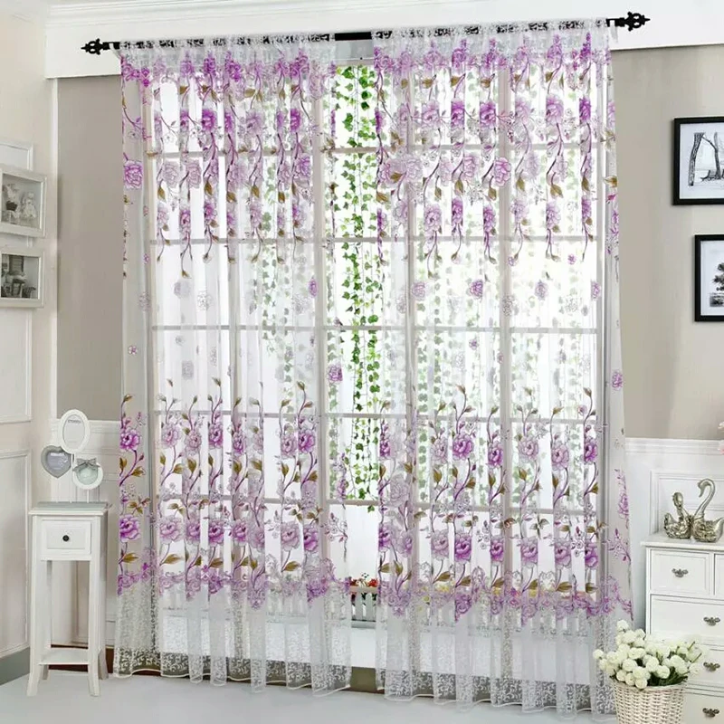 

Gray/ Blue/ Purple Flower Tulle Curtains for Living Room Bedroom Kitchen Sheer Window Treatment Modern Short Curtain Panel Drape