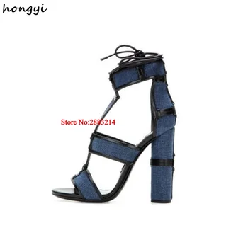 

Velvet Paneled Leather Patchwork Sandals Cage Woman Ankle Boots Chunky Heel Lace Up Gladiator Sandals Ladies Shoes High heels