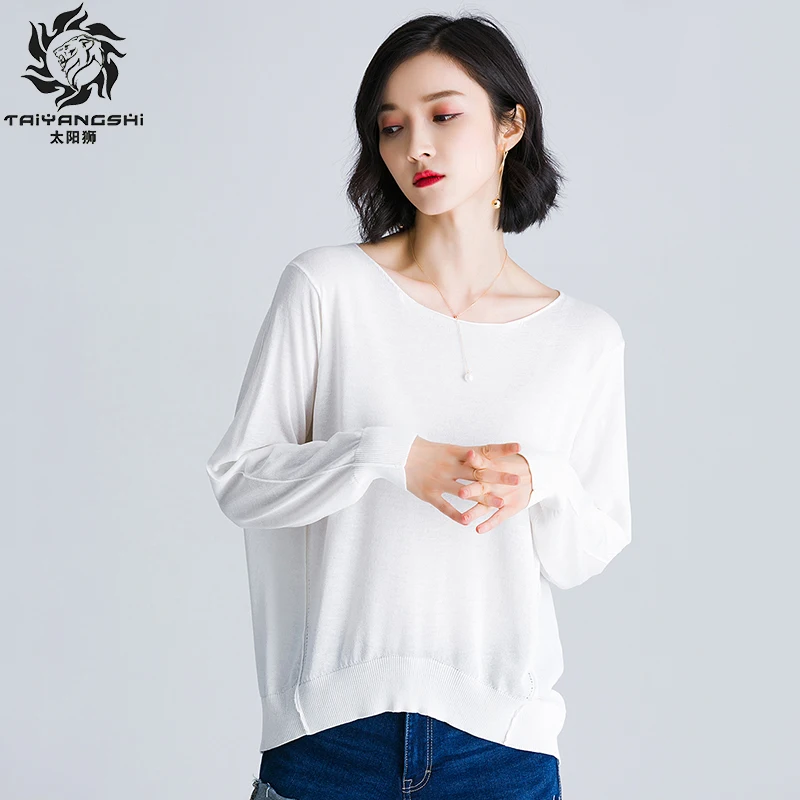 Свободные Для женщин футболка 2018 осенний пуловер Футболка Blusa Feminina круглым