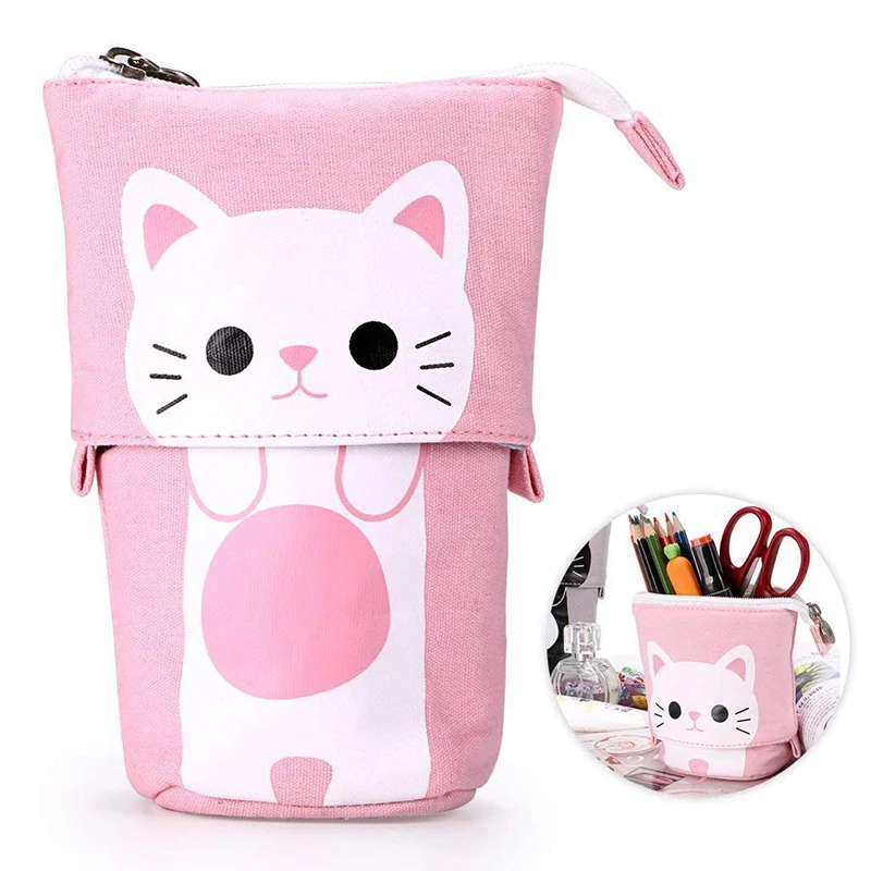 

Telescopic Pencil Bag Standing Makeup Brush Holder Cartoon Canvas Stationery Organizer Pouch with Zipper Closure
