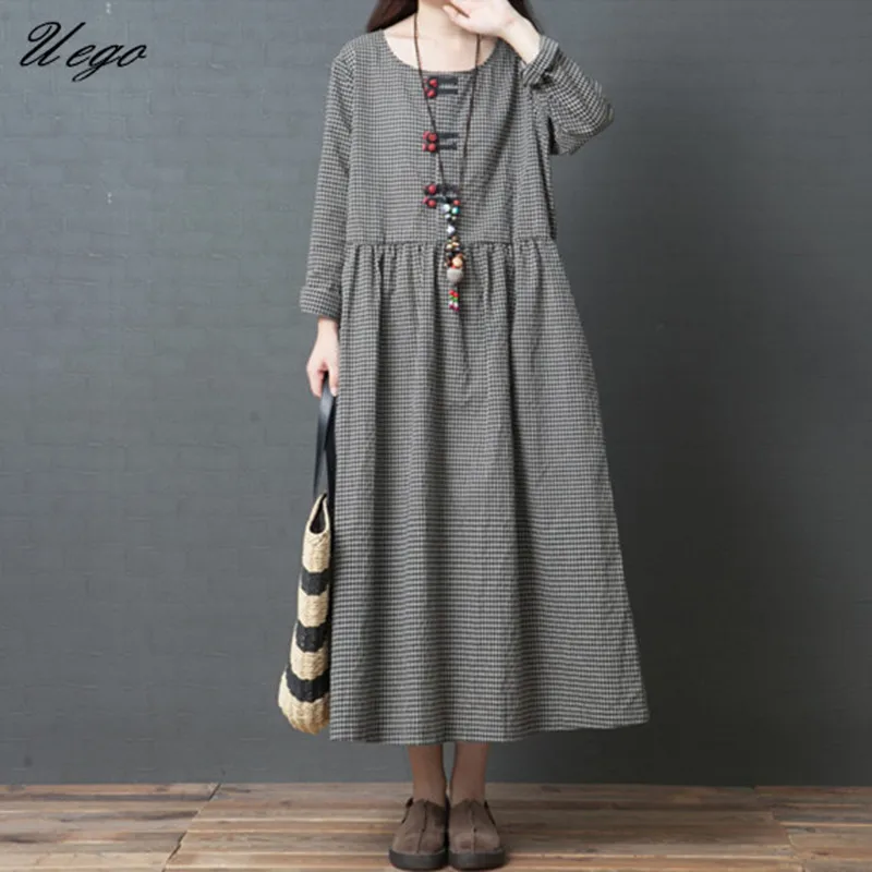 

Uego Cotton Linen Fashion Plaid Dress Long Sleeve Spring Dress Plus Size Buckle Vintage Chinese Style Dress Women Casual Dress