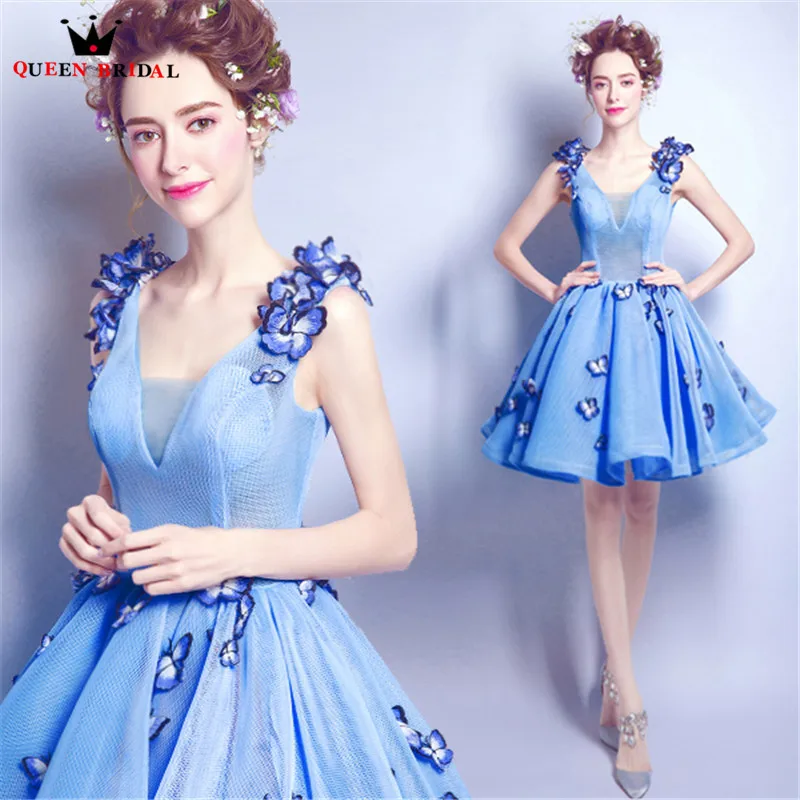 

QUEEN BRIDAL Evening Dresses Ball Gown Organza Flowers Appliques Short Blue Party Prom Dress Gowns 2018 Vestido De Festa JW62