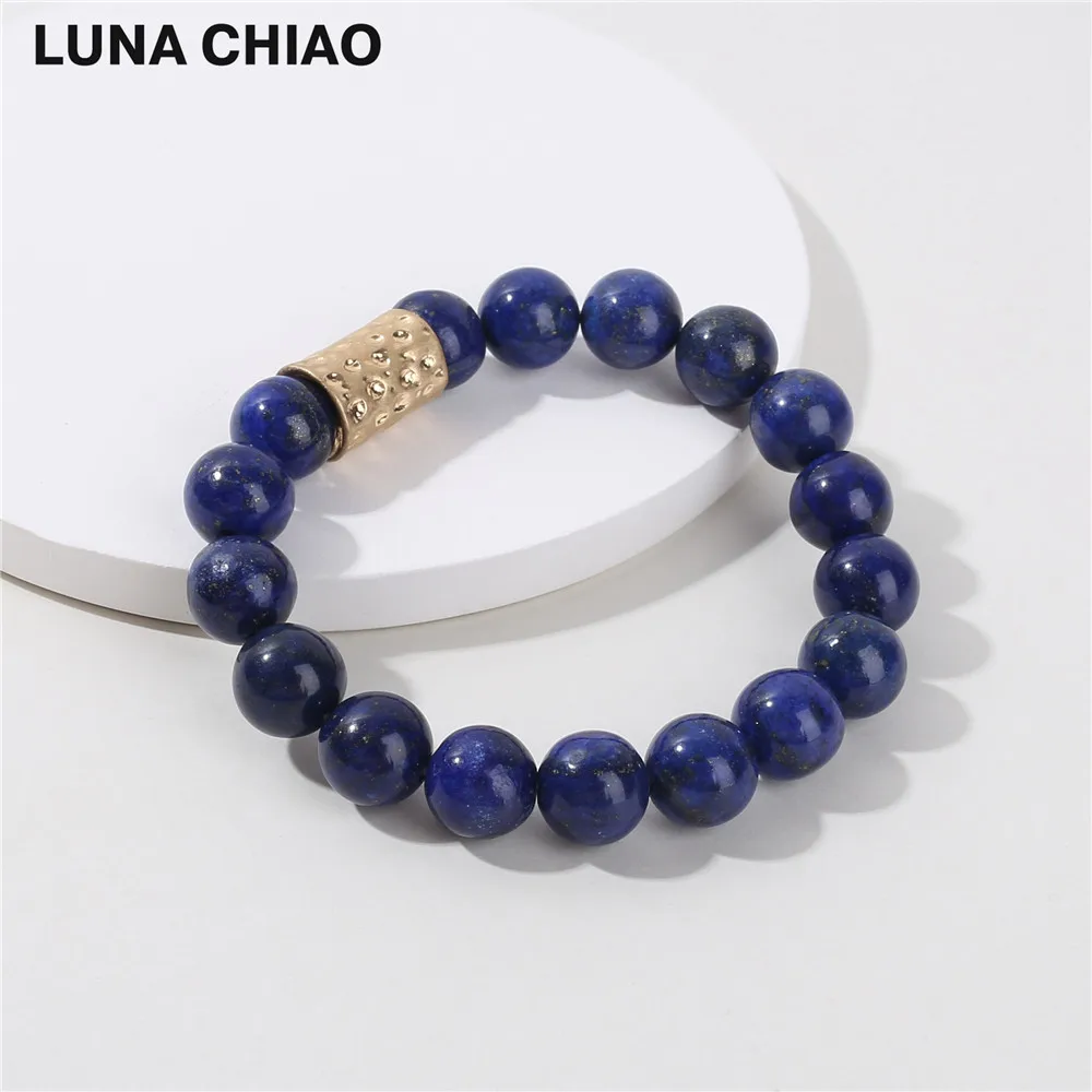 

Worn Matte Gold Color Hammered Bar Bracelet Semi-precious Natural Stone Bead Strand Bracelets for Women