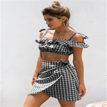 

Women Summer Plaid Ruffles 2 PCs Sets Off Shoulder Casual Strap Bow Knot Crop Tops+Split Short Mini Skirt Party Two Pieces Set