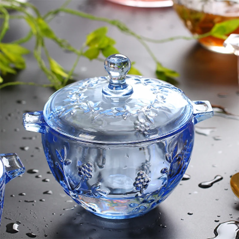 

High Quality Retro Carved Embossed Glassware Small Size Glass Tableware and Glass Storage Bowl Glass Soup Pot