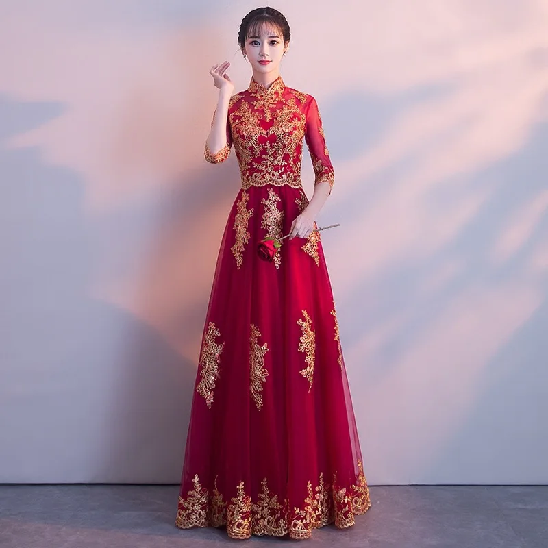 Красное традиционное китайское свадебное платье Cheongsam длинное Qipao свадебное традиционное Классическое женское платье восточные платья Vestido Novia
