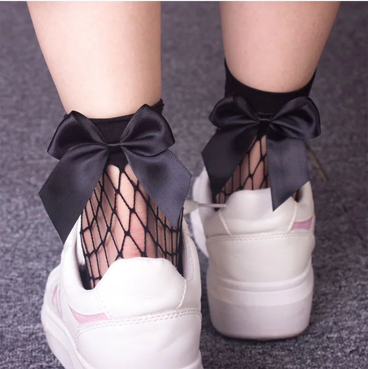 FENNASI уличная Женская Harajuku Лук Узел ажурные носки пикантные выдалбливают черный дышащая сетка чулочно-носочные изделия дамы девушки лук - Цвет: Black
