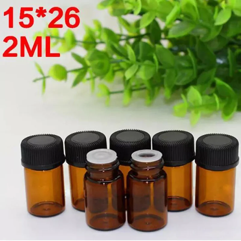 

Hot Selling 2ml Small Glass Vials Amber Essential Oil Glass Sample Bottles With Orifice Reducer & Black Cap 1000pcs/lot