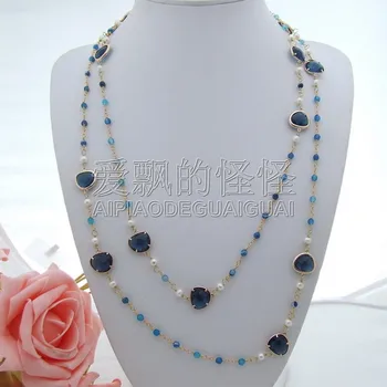 

N042801 54'' White Pearl Onyx & Crystal Necklace