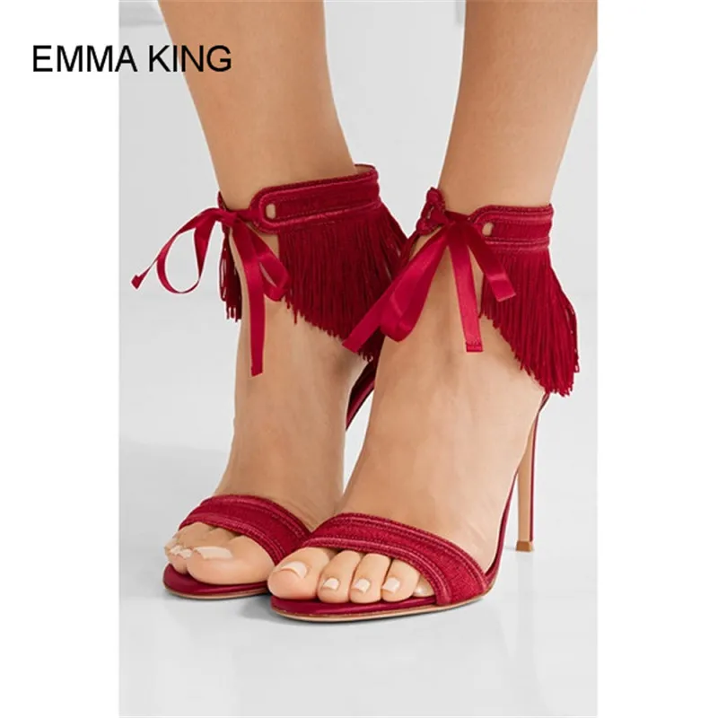 Emma king/хит продаж модные женские красивые красные сандалии с бахромой и ремешками