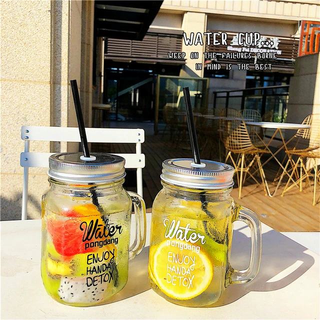 Classic 450ml standard mason jar glass juice cup with straw