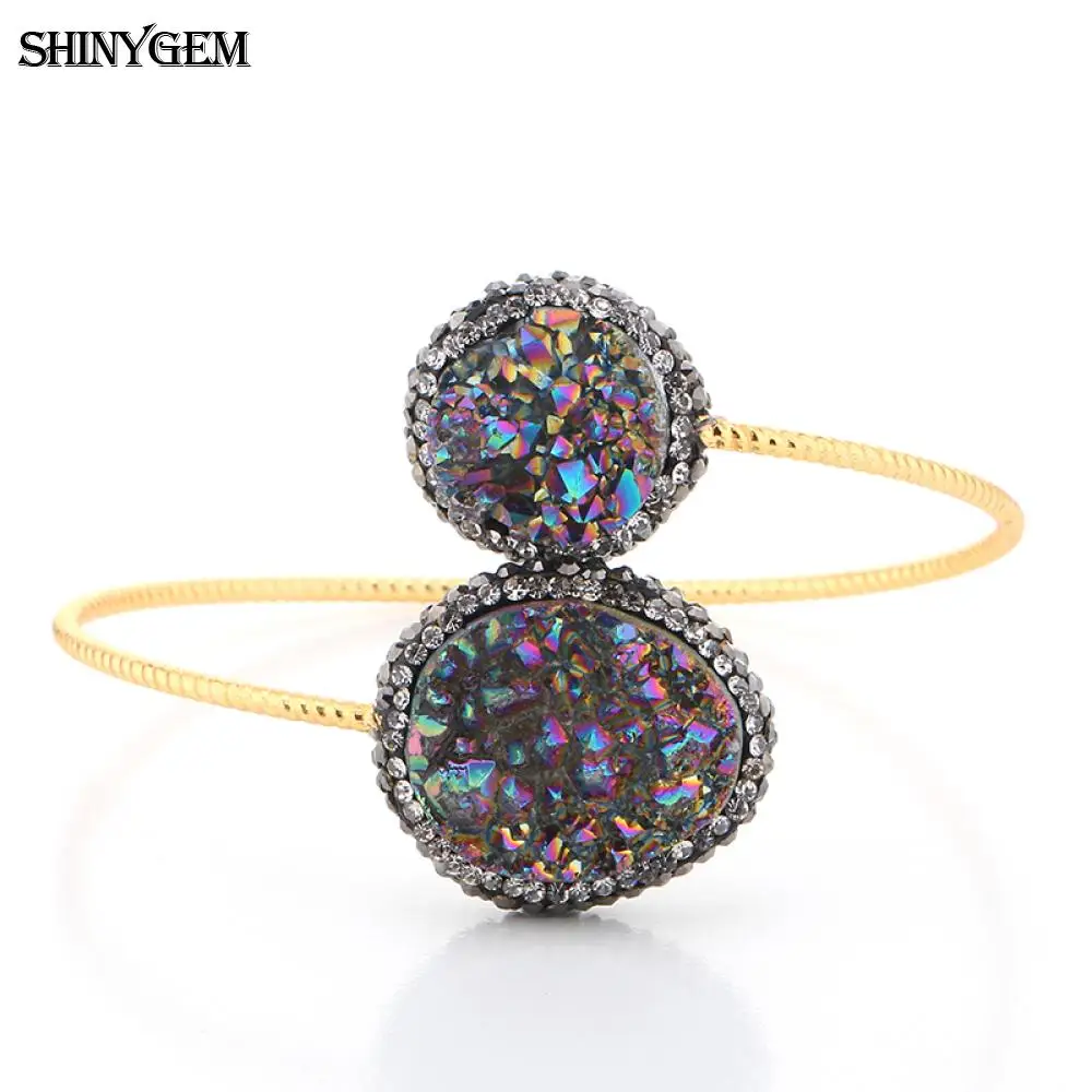 ShinyGem Золотой Цвет Twist Druzy браслеты большой неправильный циркон браслет с камнями Друза регулируемые открытые манжеты браслеты для женщин - Окраска металла: Rainbow