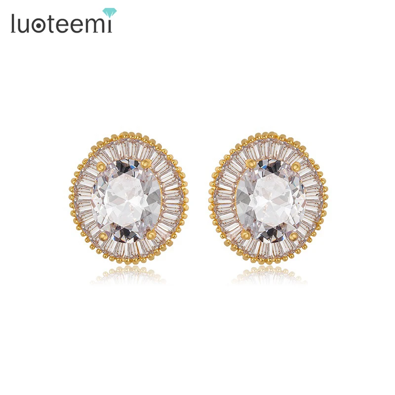 

LUOTEEMI Hot New Fashion Women/Girl's Yellow Champagne Gold-Color Shiny Zircon Stud Earrings Jewelry Wholesale Free Shipping