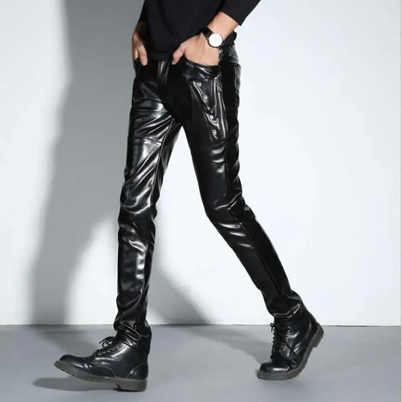 New Men Skinny Leather Pants Fashion Faux Leather Trousers For Male DJ Rock Stage Club Wear Biker Motorcycle Pants