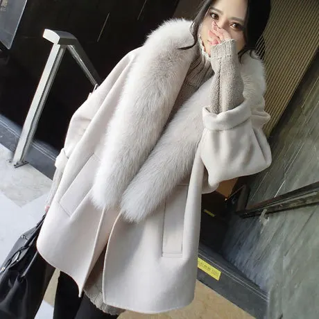 Женское кашемировое пальто новое зимнее шерстяное пальто-кокон с длинными рукавами воротник из искусственного лисьего меха Свободные повседневные куртки из смешанной шерсти