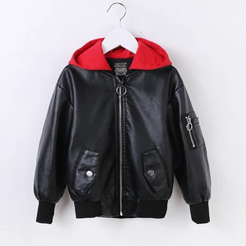 

Kids Leather Jackets Brand Advanced PU Imitation Leather Coat Fashion Leather Jacket Boys Girls Loose Hooded Outwear (3-12Yrs)