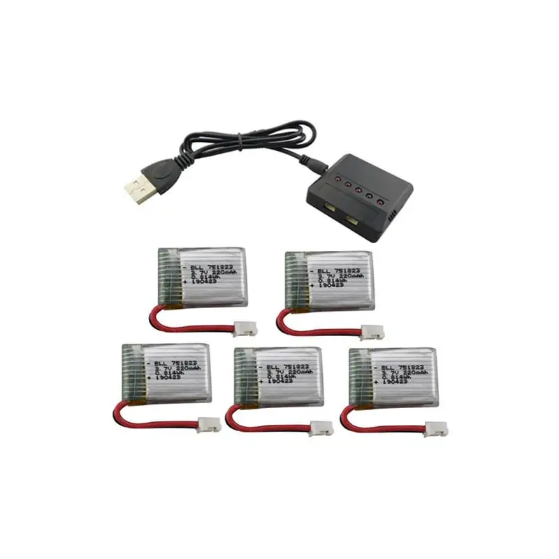 

5PCS 3.7V 220mah Lithium Battery with 5 in 1 Charger for E010 GoolRC T36 NINHUI NH010 F36 Holy stone HS210 Accessories