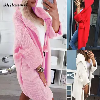 

Warm Women Long Cardigan Siamese Cap Loose Knitted Sweater Coat Simple Autumn Winter Hooded Thick Pure Color Outerwear Casaco