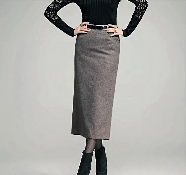 Woolen high waist ol slim long pencil skirt in Skirts