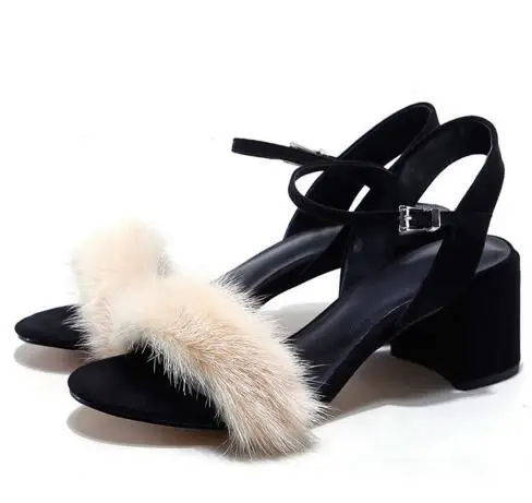 Beautiful shoes woman shoes thick heel high heels fur decoration buckle strap closure type  peep toe summer woman sandals