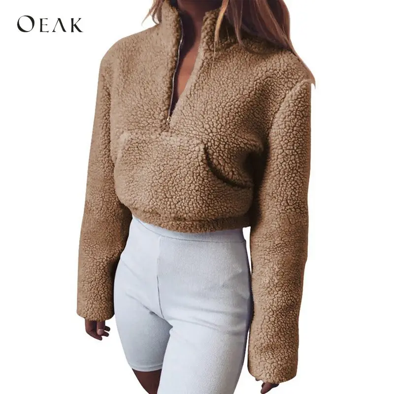 

OEAK 2018 Women Short Hoodies Warm Zipper Turtleneck Faux Lambswool Pullover Sweatshirt Female Autumn Tracksuit Crop Tops Coats
