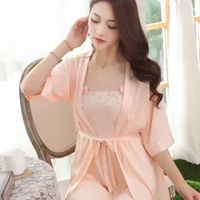 Kawaii Шелковый ночной халат и халат для женщин летний Атласный халат и спагетти ремень ночнушки платье мини Ночная рубашка комплект из 2 предметов