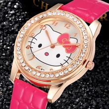 Rhinestone hello kitty reloj de moda casual correa de cuero del reloj del gatito lindo del cuarzo de la pulsera relojes relogio feminino