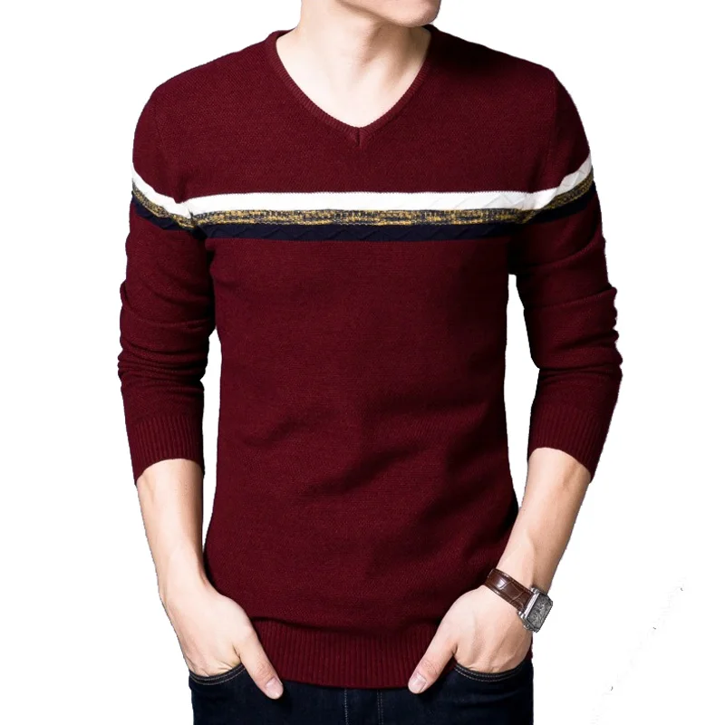 TANGNEST Новое поступление повседневный мужской модный лоскутный мужской свитер с v-образным вырезом 4XL удобный мужской пуловер с длинными рукавами MZL719 - Цвет: Wine red
