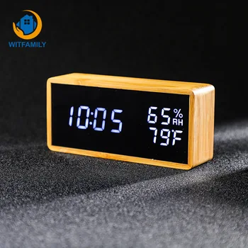 

Modern Digital Alarm Clock Temperature and Humidity Alarm Clock Bamboo LED Desk Clock Sound Control Quartz Bedroom Living Room