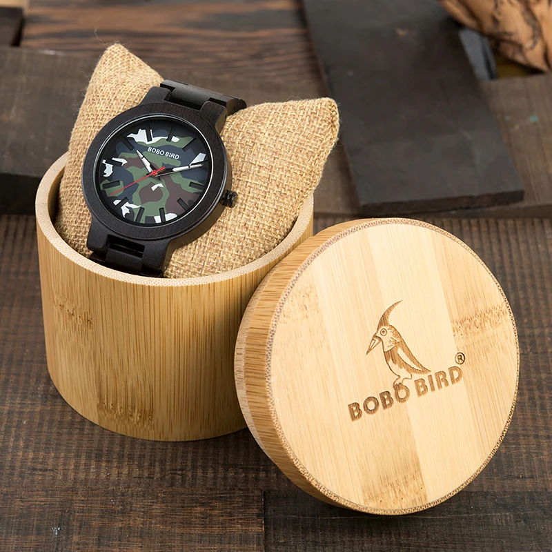 BOBO BIRD Men Watches Male Wooden Quartz Green Camouflage relogio masculino Wristwatches Man Japanese movement in Gift Box